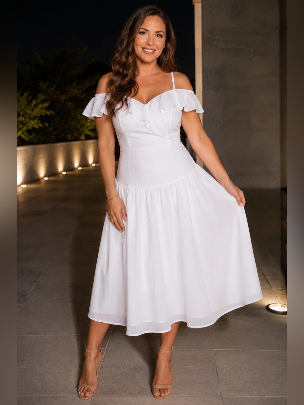 H&M White Ruffle Off Shoulder Strap Midi Dress Size 14 Summer Cottagecore